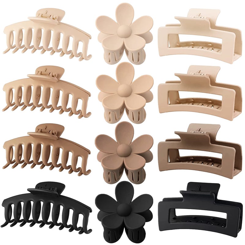 JANFUN Large Hair Claw Clips 12 Pack, Flower Hair Clips for Thin Hair, Big Square Matte Strong hold for Thick Hair, 3 Styles Hair Clips for Women Thick Hair Neutral Colors - Image 1